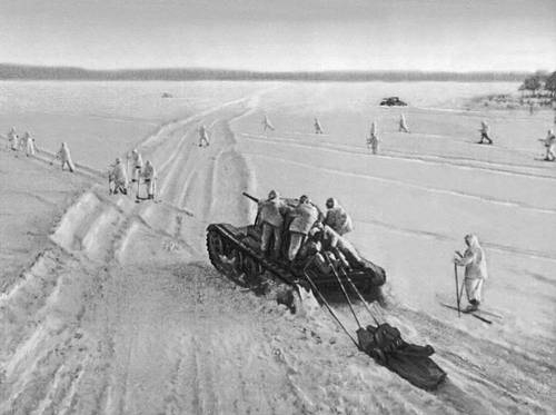 Перемещение пулемета Максим на санках-волокушках, декабрь 1941 года